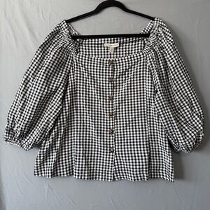 Alexander Jordan Womens Gingham Peasant Puff Sleeve Button Top 1X Cotton Square